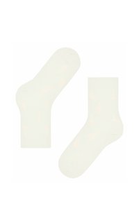 Weiße Knöchelsocken mit einem dezenten Muster aus pastellorangefarbenen Eiswaffeln. Hergestellt aus einem weichen Stoff mit einer glatten Textur.