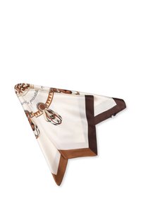 Foulard en soie carré avec un motif géométrique dans des tons terreux de brun et de crème, avec une bordure contrastante en brun foncé et des détails complexes.