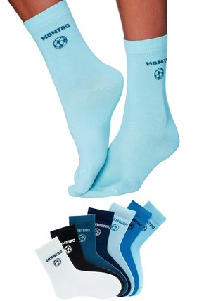 Himmelblaue Sportsocken mit gerippten Bündchen und einem Fußball-Logo. Sechs zusätzliche Paare in Dunkelblau, Himmelblau, Schwarz und Weiß.