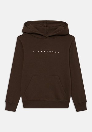 Bruine hoodie met een voorvak, trekkoord kap en witte tekst die 'JACK & JONES' uitleest. Gemaakt van zachte, gestructureerde stof.