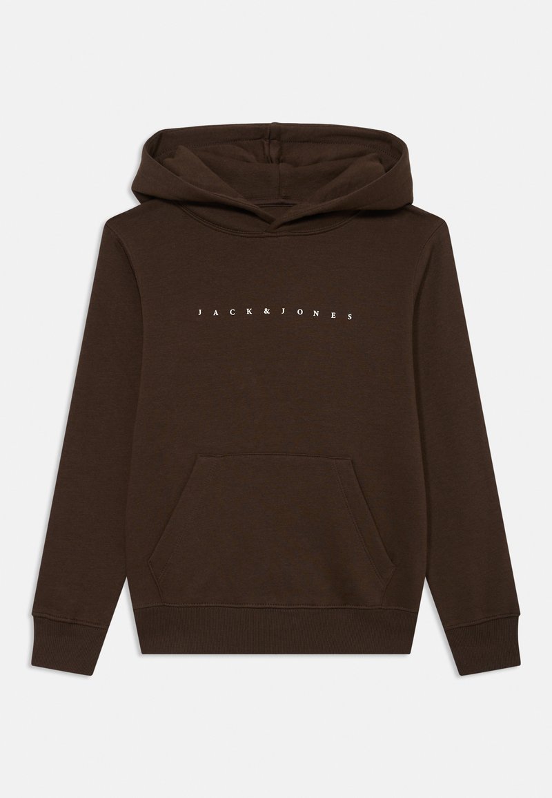 Rjava kapuca z žepom spredaj, kapuco na vrvico in belim napisom "JACK & JONES". Narejena iz mehkega, teksturiranega materiala.
