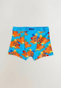 Boxer da bambino blu con stampa di dinosauri arancioni su tutta la superficie, dettagli multicolore, cintura elastica e una trama di tessuto morbida.
