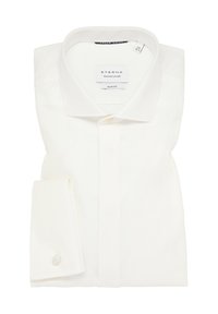 Witte slim-fit shirt gemaakt van gladde stof, met een klassieke kraag, knoopsluiting en een opgerolde manchette met een knoopdetail.