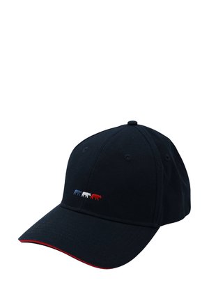 Casquette de baseball marine en coton, avec une visière incurvée, un accent rouge et un petit graphique de vache brodé en bleu, blanc et rouge.