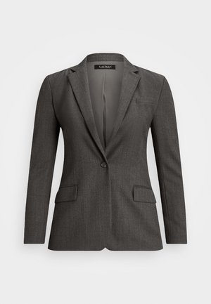 Dunkelgrauer, einreihiger, maßgeschneiderter Blazer mit Notch-Kragen, Pattentaschen und glattem Innenfutter.
