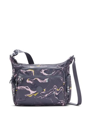 Ciemnoszara torebka na ramię z abstrakcyjnymi różowymi i żółtymi zawijasami, przednia kieszeń na zamek, boczne kieszenie na zamek oraz regulowany pasek na ramię.