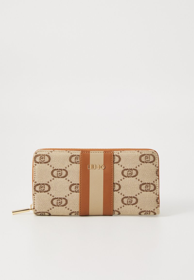 Beige wallet with brown logo pattern, featuring a smooth tan leather band and gold accent with "LIU.JO" branding on the front.