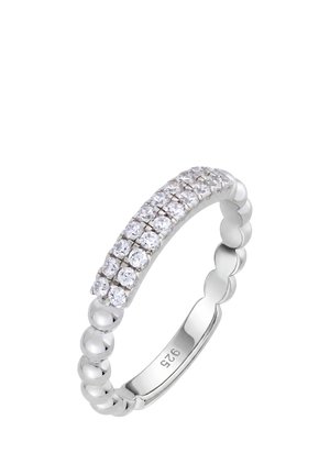 Silver beaded ring with two rows of round clear gemstones set on the top half, stamped with "925" inside the band.