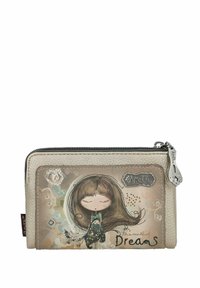 Monedero beige con un acabado texturizado, que presenta un diseño de una niña y el texto "el mundo de los sueños", cierre con cremallera y acento metálico.