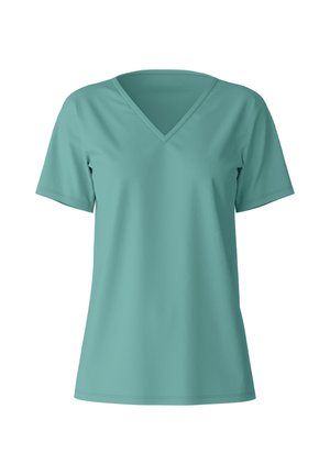 Turquoise V-neck t-shirt made of soft fabric; short sleeves; lightweight; seamless design; curved hem; no visible patterns or accents.