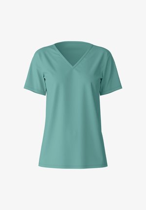 T-shirt turquoise à col en V en tissu doux ; manches courtes ; léger ; design sans couture ; ourlet arrondi ; sans motifs ni accents visibles.