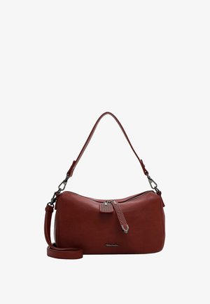 Röd läder axelväska med en slät textur, böjd form, enkel rem och avtagbar crossbody-rem, med dragkedjestängning och accentuerande detaljer.