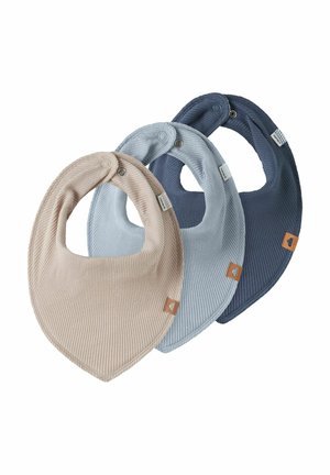 Set of three ribbed fabric baby bandana bibs in beige, light blue, and dark blue, each with snap closure and small leather tag.