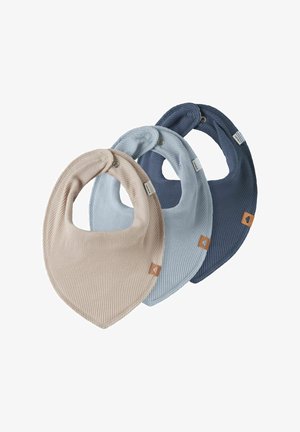 Set of three ribbed fabric baby bandana bibs in beige, light blue, and dark blue, each with snap closure and small leather tag.