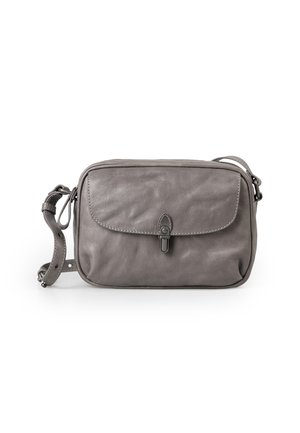 Gray leather crossbody bag with a smooth texture, flap closure, and decorative stitching. Adjustable strap for customized length.