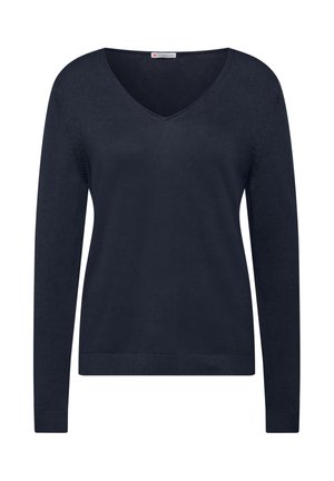 Suéter azul marino de manga larga con cuello en V, confeccionado con material suave. Cuenta con puños y dobladillo acanalados, textura lisa y sin patrones visibles.