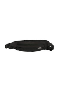 Marsupio nero realizzato in tessuto resistente, dotato di una tasca principale con zip, cinturino regolabile e un dettaglio del logo riflettente.