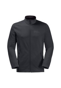 Veste softshell noire avec un col haut, fermeture éclair frontal et deux poches latérales. Tissu texturé avec un motif subtil.