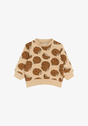 Beige.swteter, millel küpsiste mustriga, millel on pruunid küpsised, millest on hammustatud. Ribidega krae ja varrukad, pehme kangatekstuur.