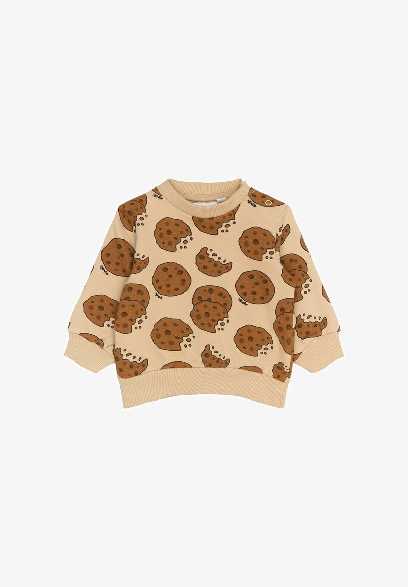 Beiger Pullover mit einem Keks-Muster, das braune Kekse mit Bissspuren zeigt. Gerippter Kragen und Bündchen, weiche Stoffstruktur.