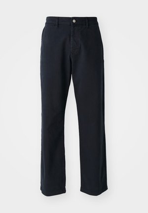 Pantalones de cotton azul marino con un diseño de pierna recta, que presentan un cierre frontal con botón y dos bolsillos laterales. Textura suave, sin patrones visibles.