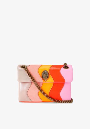 Small rectangular handbag with wavy color blocks in silver, pink, orange, red, and yellow, featuring a gold-tone chain strap and decorative clasp.