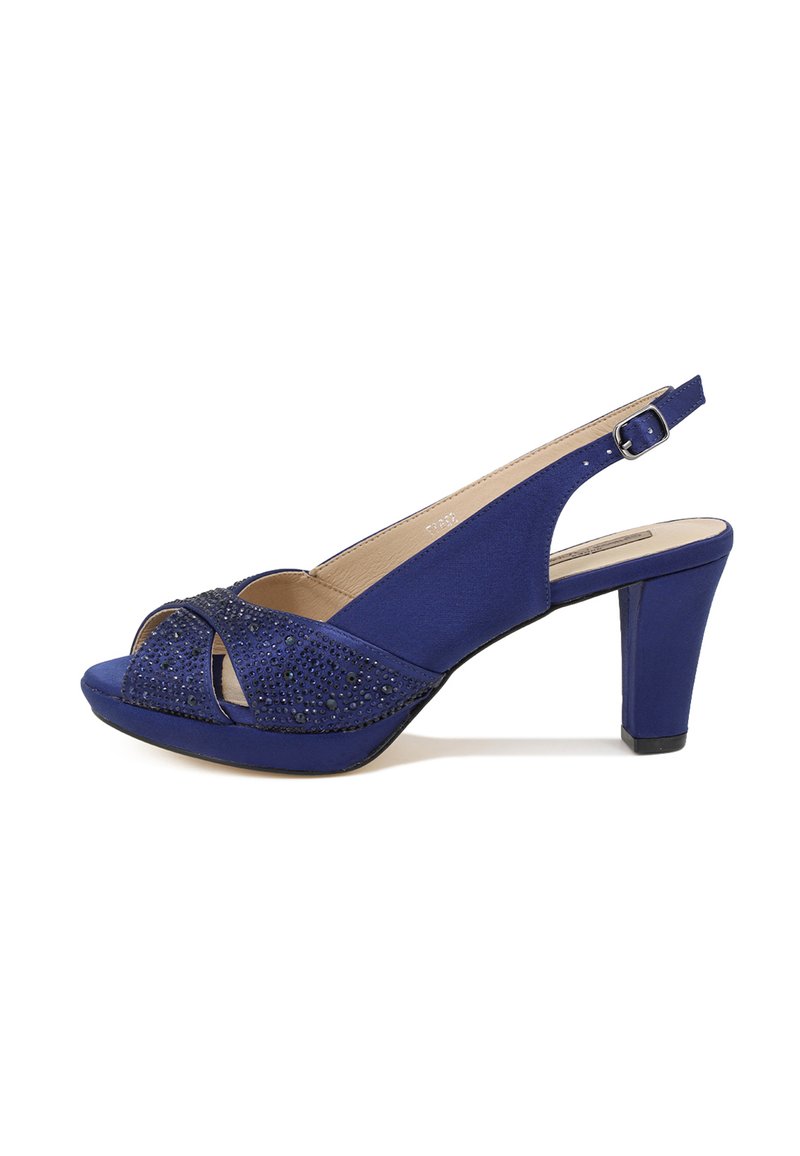 Tacchi slingback blu in suede con design a punta scoperta, impreziositi da strass neri. Caratterizzati da un tacco di altezza media e cinturino alla caviglia regolabile.