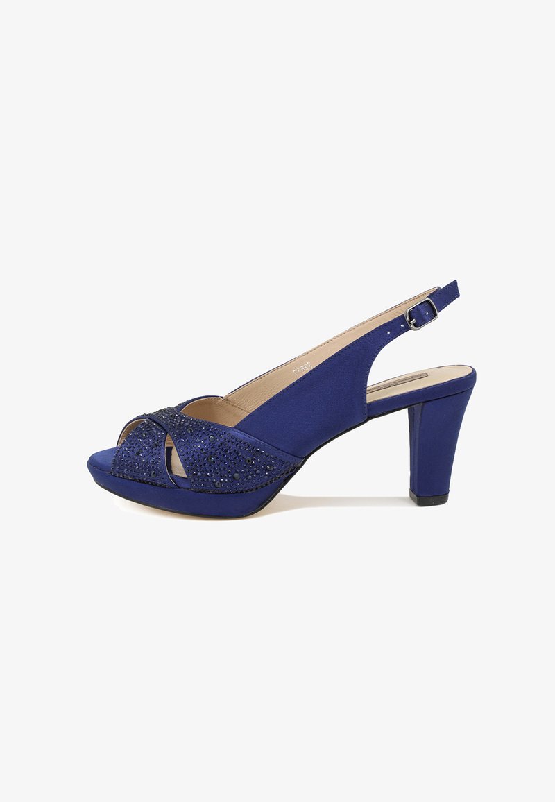 Tacchi slingback blu in suede con design a punta scoperta, impreziositi da strass neri. Caratterizzati da un tacco di altezza media e cinturino alla caviglia regolabile.