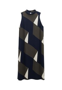 Ärmelloses Kleid in Marineblau mit geometrischen Beigen- und Creme-Mustern. Weicher Stoff mit entspanntem Schnitt und hohem Kragen.