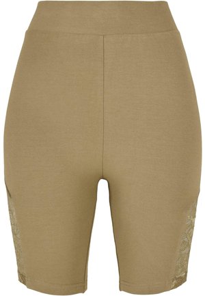 Brune knælange shorts i strækbart stof, med blonde sidepaneler for ekstra detaljer og tekstur. Glat finish hele vejen igennem.