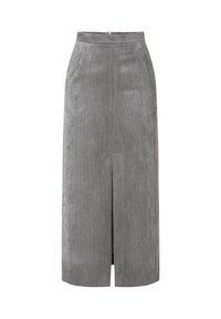 Grauer Cord-midirock mit geradem Schnitt, ausgestattet mit einem Schlitz vorne, seitlichen Taschen und einem Bundverschluss. Sichtbare, strukturierte vertikale Streifen.