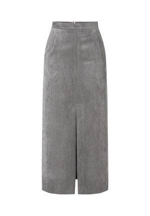 Grijze corduroy midi-rok met een rechte snit, voorzien van een voorkeursplit, zijzakken en een taillebandsluiting. Gevoelbare verticale strepen zichtbaar.