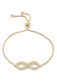 Bracelet en or avec chaîne ajustable, présentant un symbole de l'infini orné de petites cristaux transparents. Texture lisse avec finition brillante.