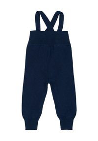 Marineblaue gestrickte Latzhose mit überkreuzten Trägern an der Rückseite, gerippter Taille und enganliegenden Bündchen an den Knöcheln. Weiche Textur, leichtes Design.
