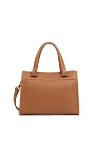 Borsa a mano in pelle marrone con superficie testurizzata, forma strutturata, doppi manici superiori e tracolla removibile. Accenti in metallo dorato.