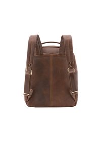 Sac à dos en cuir marron doté de bretelles ajustables, d'une poignée supérieure, de coutures visibles et d'un design épuré et minimaliste.