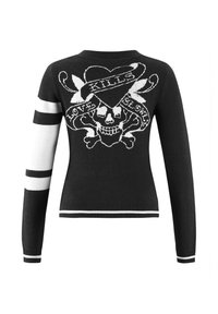 Black sweater with white skull graphic and "LOVE SLOW, KILLS" text. Features striped sleeves and ribbed hem. Made of knitted fabric.