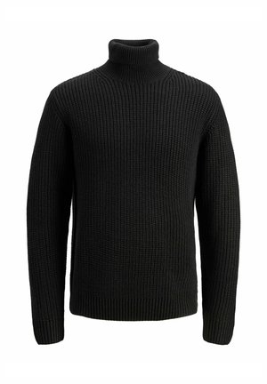 Musta neulehiha, jossa on teksturoitu kuvio, ribattu hihansuu ja helma. Klassinen mitoitus, pitkät hihat ja korkea kaulus.