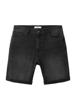 Shorts en jean noir avec ourlets retroussés, passants pour ceinture, bouton à l'avant et cinq poches, présentés sur un fond blanc.