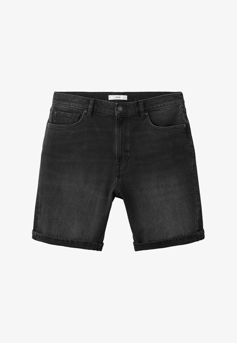 Shorts en jean noir avec ourlets retroussés, passants pour ceinture, bouton à l'avant et cinq poches, présentés sur un fond blanc.