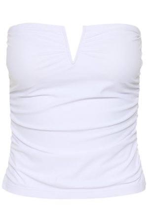 Haut blanc bustier froncé avec une encoche en forme de V au centre du décolleté.
