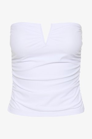 Top bianco senza spalline con arricciature e scollatura a V al centro.