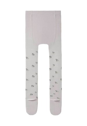 Hellrosa Babystrumpfhose mit kleinen, verstreuten dunklen und hellen Blumenmustern an den Beinen und einem verstärkten Bund.