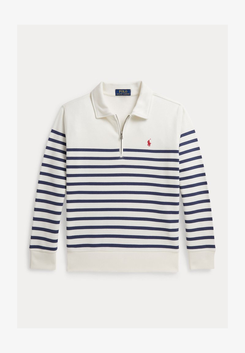 Μακρυμάνικο πουλόβερ με φερμουάρ σε κρεμ χρώμα με οριζόντιες ναυτικές ρίγες. Διαθέτει ριμπ γιακά και μικρό κόκκινο λογότυπο στο στήθος. Απαλό υφή.