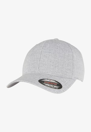 Gray baseball cap with a structured design, textured fabric, curved bill, and a branded sticker on the underside of the brim.