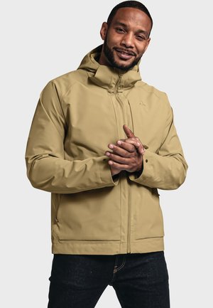 Khakifarbenen wasserdichte Jacke mit Kapuze, Frontreißverschluss und Seitentaschen. Glatte Textur mit minimalistischem Design und Logo-Akzent auf der Brust.