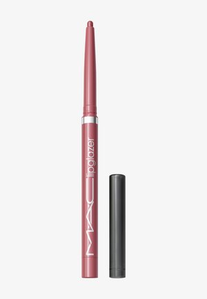Schowany różowy ołówek do konturowania ust z usuniętą czarną nasadką, z zaokrąglonym końcem i logo MAC lipglazer z boku.