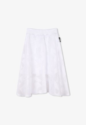 Witte, knie-lange rok met een gestructureerd patroon en een elastische tailleband. Bevat een subtiele logo-tag aan de linkerkant. Lichtgewicht stof.