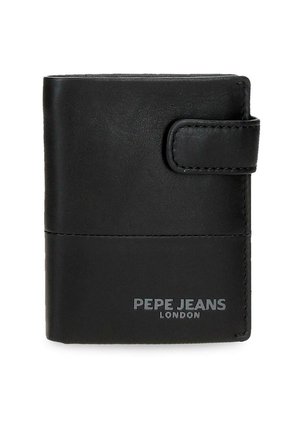 Cartera negra de cuero con cierre de presión y el logo "PEPE JEANS LONDON" grabado en la parte inferior frontal.
