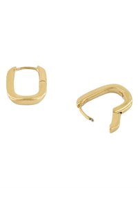 Orecchini a cerchio in tono oro caratterizzati da una forma rettangolare con una texture liscia e una leggera lucentezza, che mettono in risalto un design leggermente aperto.